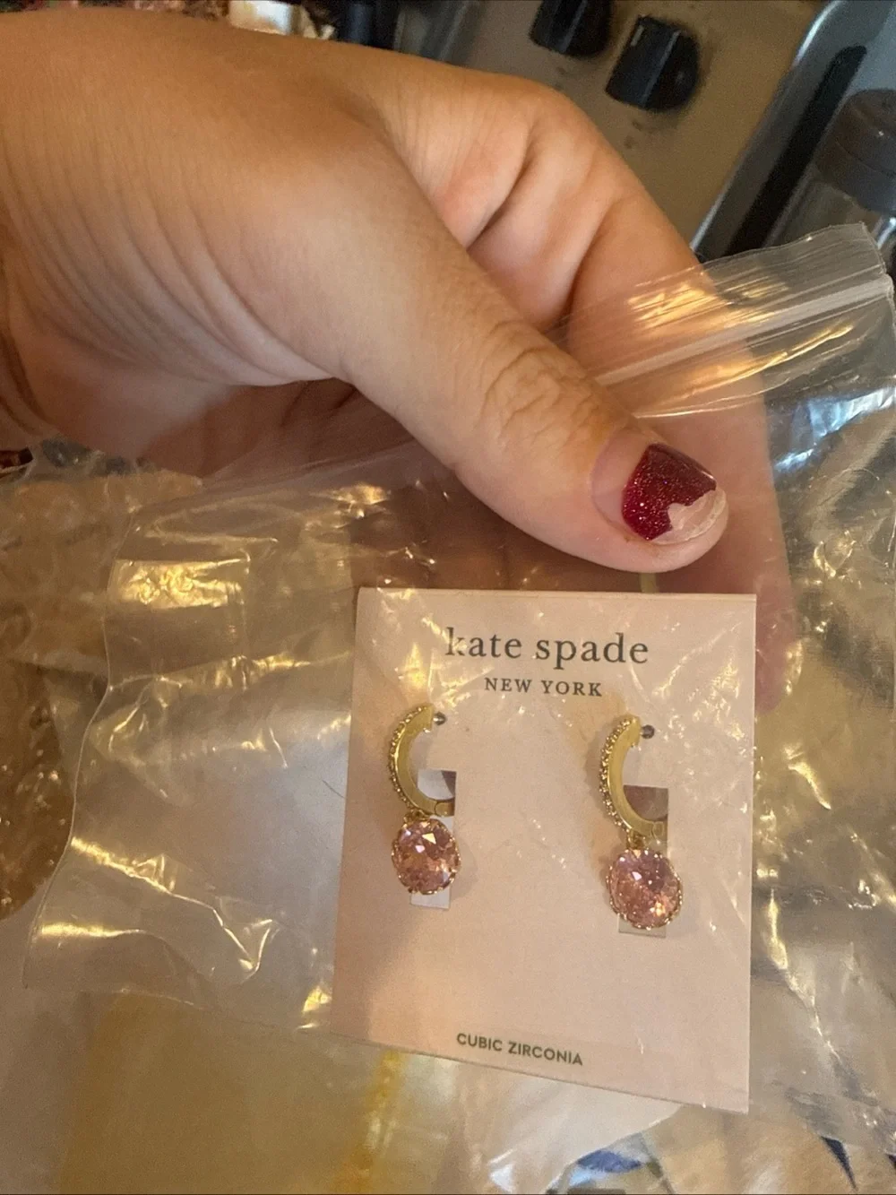 kate spade Gold-Tone Huggie Earrings with Pink Stones